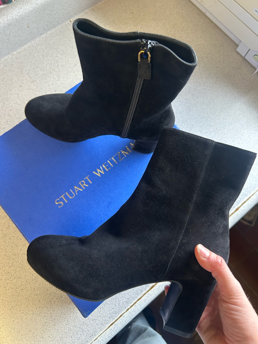 Stuart Weitzman Black Suede Block-Heel Ankle Booties